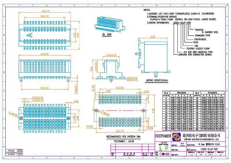 嘉兴0.5mm单槽直插板对板连接器具体技术参数